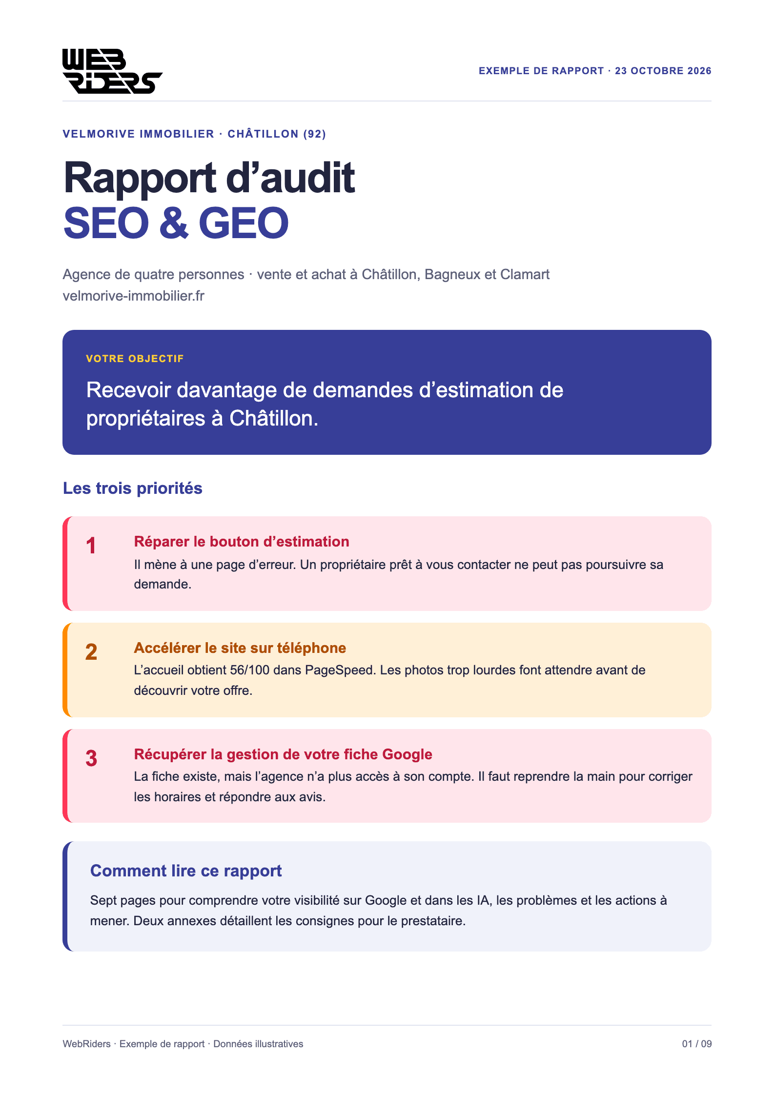 Exemple de rapport SEO et GEO : première page pour Velmorive Immobilier, avec l’objectif et les trois priorités.
