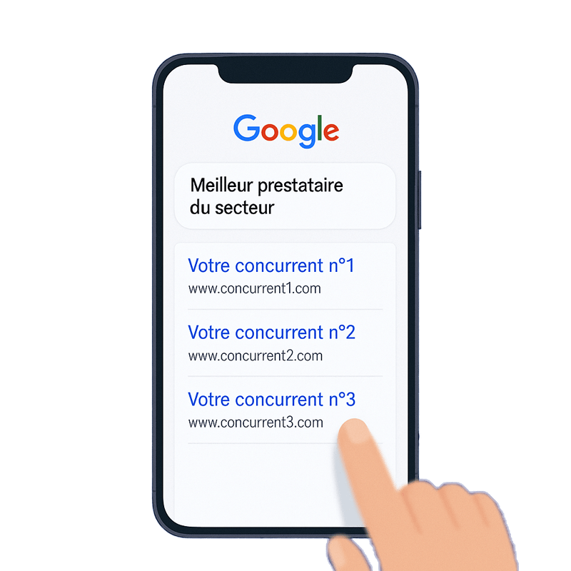 Smartphone affichant une recherche Google où les concurrents apparaissent en premier, illustrant le manque de visibilité sur le web. WebRiders